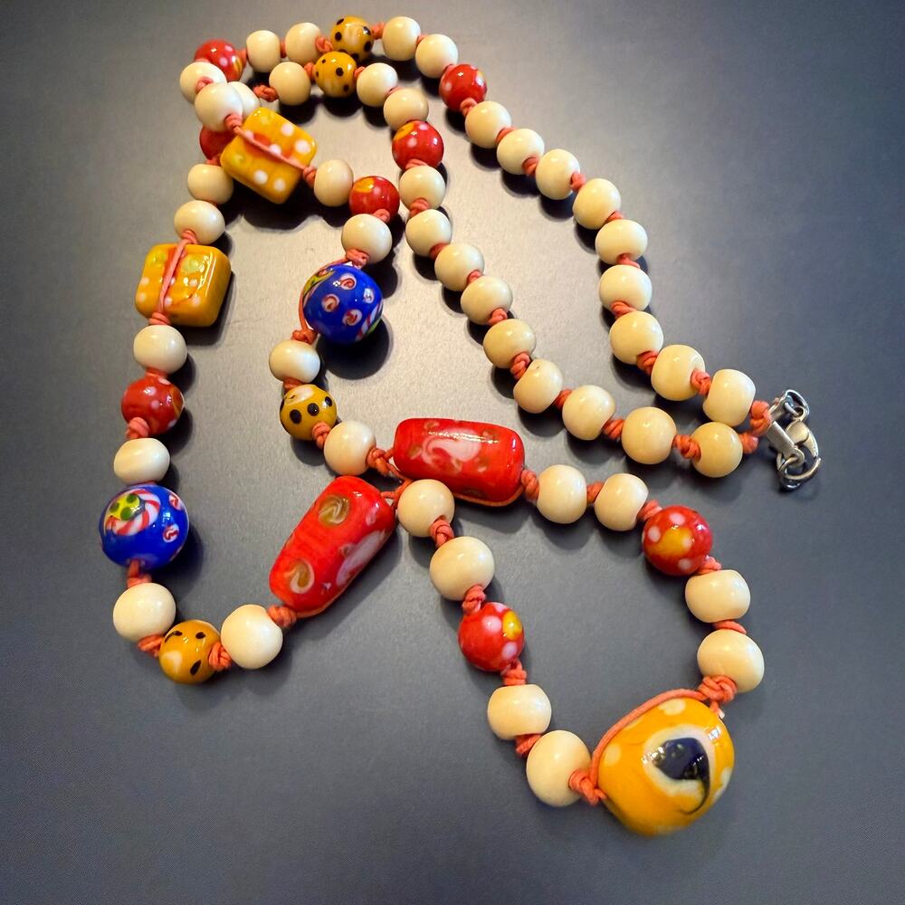 Vintage Artisan Hand-Knotted Long Glass Beaded Necklace - Picture 3 of 7